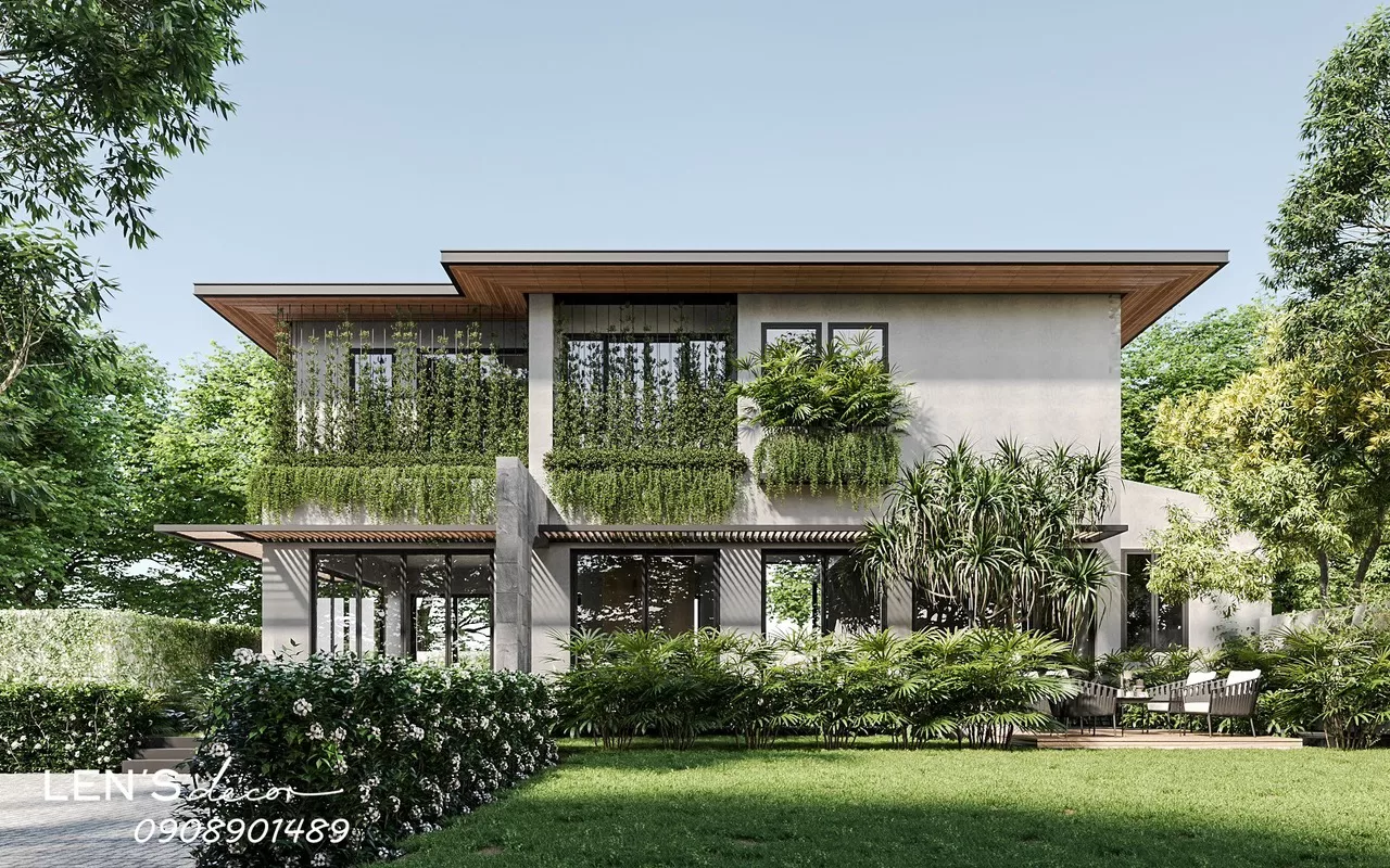 Hệ thống sân vườn và mặt tiền nhà 2 tầng Phú Gia Villa