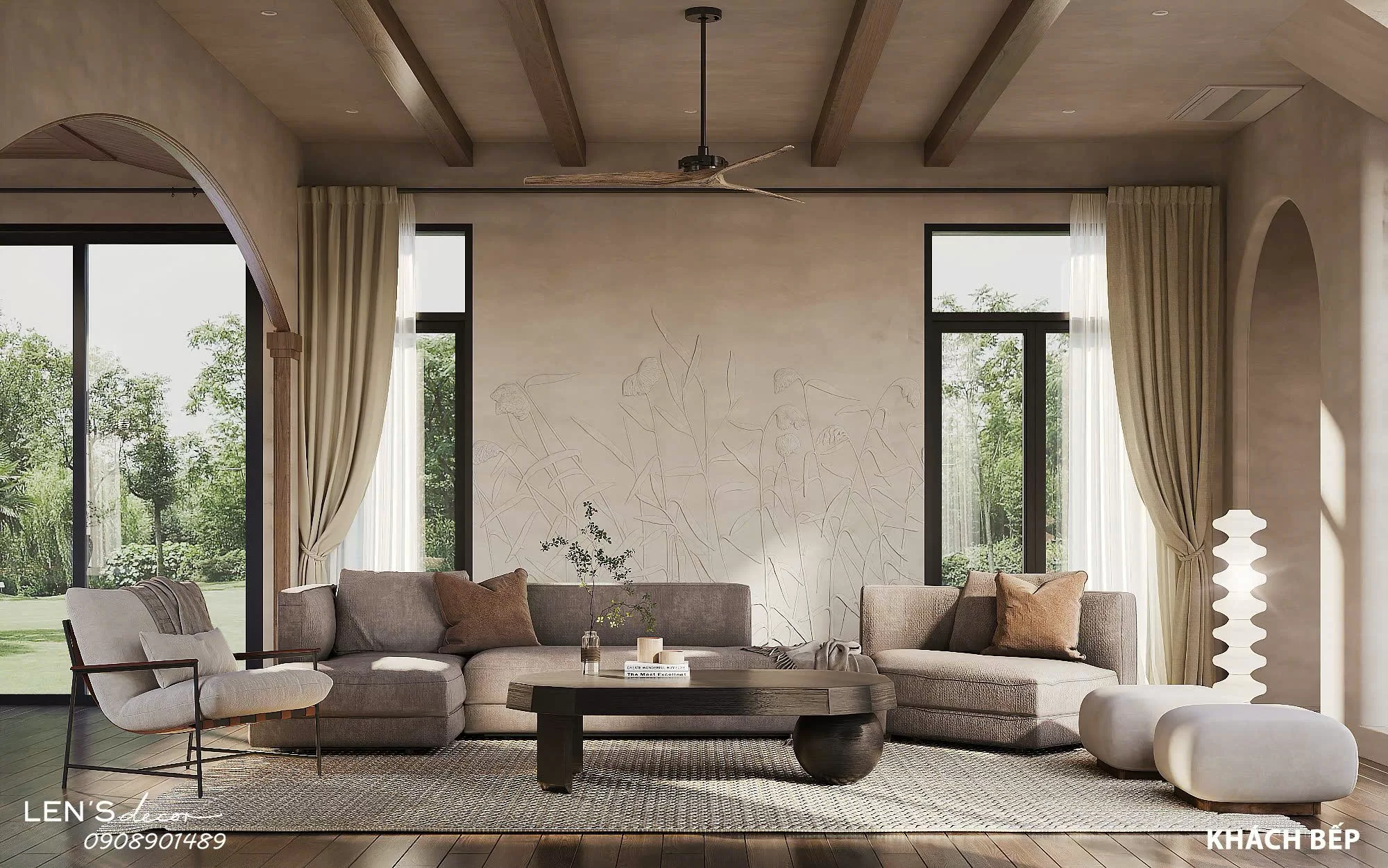 Phòng khách với thiết kế sofa trơn, điểm nhấn nằm ở chất liệu mộc và các đường cong mềm mại