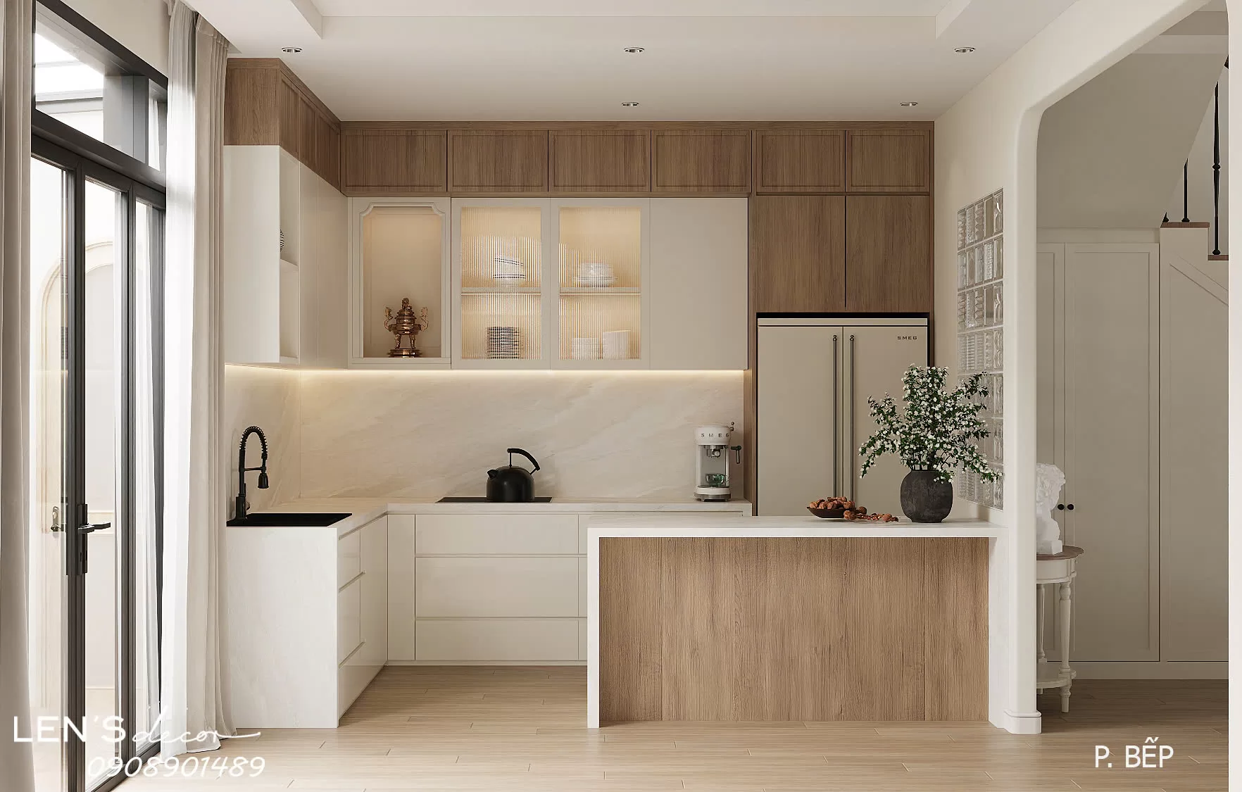 Gian bếp hiện đại với tông trắng – gỗ ấm áp, thiết kế tối giản và ánh sáng tinh tế