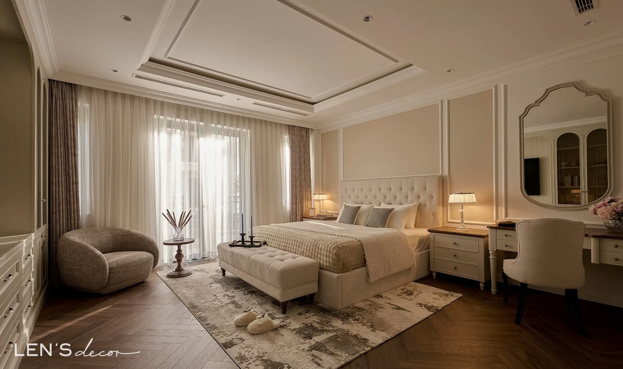 Thảm đặt dưới ⅔ giường trong phòng ngủ