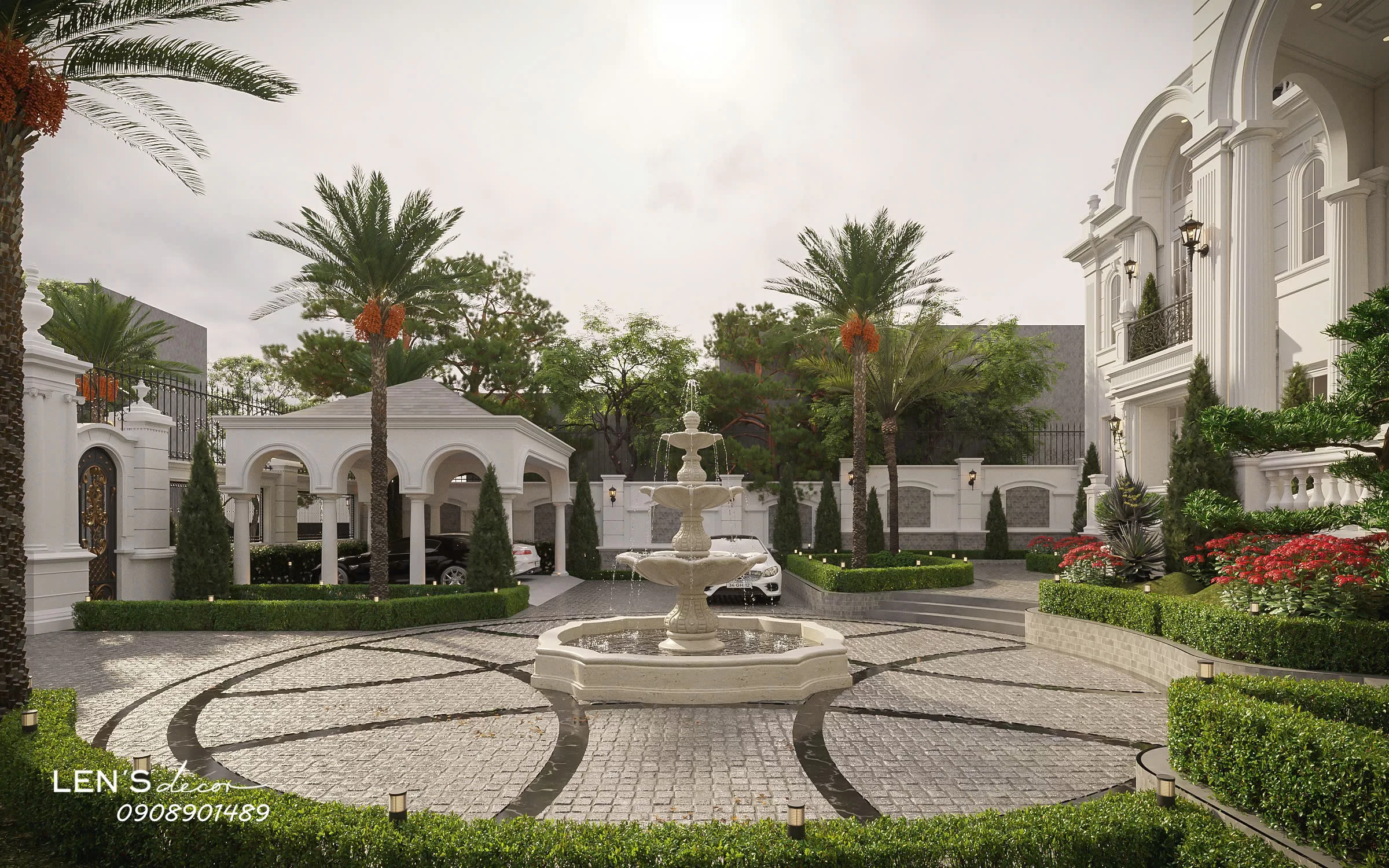 Cảnh quan với đài phun nước phong cách châu Âu