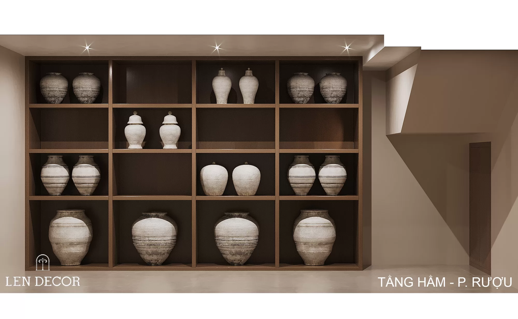 Tầng hầm rượu cùng vò gốm thô cũng phản ánh gu thẩm mỹ độc bản của gia chủ