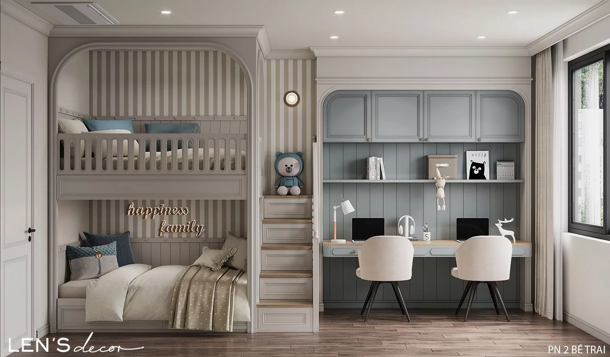 Thiết kế phòng ngủ cho 2 bé đảm bảo khu vực nghỉ ngơi và học tập